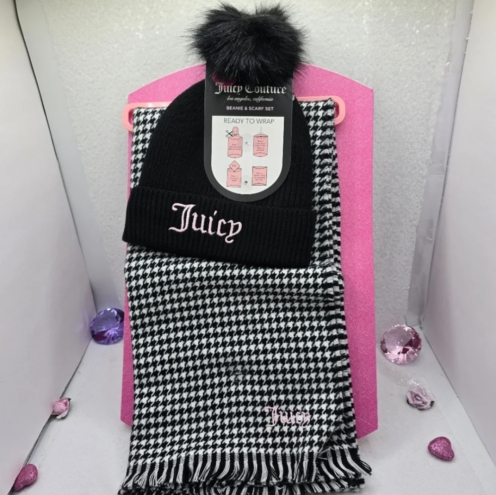 Juicy Couture Pom Pom Beanie & Scarf Set with Gift Box Black White Check Design